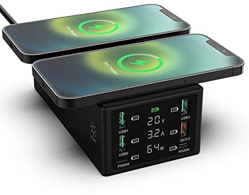 USB Charger, 150W 6-Port USB Charging Station PD Fast Charger with Quick Charge 3.0 Multi USB Port Dual Wireless Charger LCD Display USB C Charging Desktop Hub for iPhone iPad Samsung Tablet