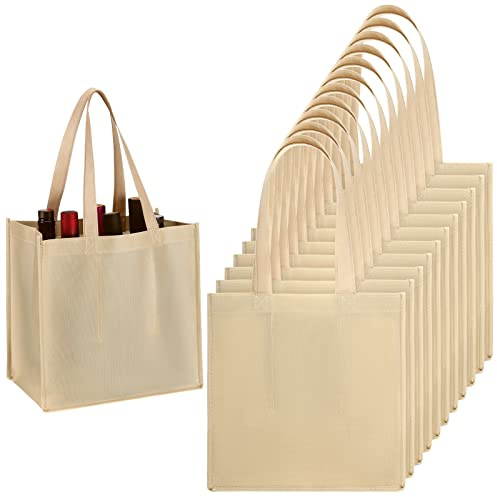 Hoolerry 12 Pcs 6 Bottle Non Woven Wine Carrier with Divider Washable Reusable Tote Bag Portable Wine Gift Bag for Travel, Camping, Picnic