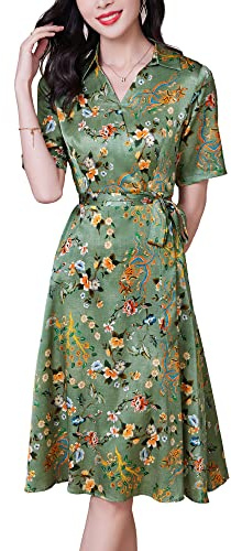 DISSA Damen Blumen Seidenhemdkleid V-Ausschnitt Bindegürtel | Kurzarm, A-Linie Saum, Knielänge, raffinierter Stil, leichtes Tragegefühl, Bürokleidung, lässige Wochenenden