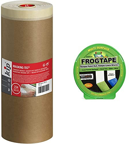 Kip Pre-Taped Paper Masker Cover Material for Surface Protection 300 mm x 25 m & Frog Tape Green Multi Surface Painters Masking Tape, Indoor Painting and Decorating