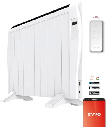 EVVO Emisor Térmico C10 1500W - Radiador Eléctrico Bajo Consumo, 10 Elementos, Suelo o Pared, Temporizador 24h, Wifi y App, Bloqueo infantil, Control Voz, Pantalla LCD, Mando, Blanco