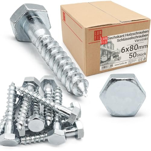 Lun Fix Vis à Bois 6 x 80 mm Acier Zingué – 50 Pièces | Tirefond Hexagonal | Cheville Béton | Support Poteau Bois | Visserie Métal | Portillon | Alternative Inox