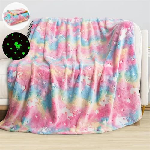 Enhörningsfilt - 150 x 200 cm Glödande filt, varma och fluffiga barnfiltar för barn i åldrarna 1-10 år - filt för soffa, säng, resor, vardagsrum (färgglad, 150 x 200 cm)