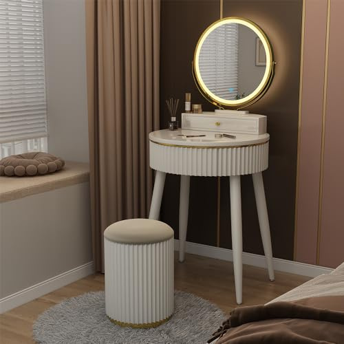 Vicco Tavolo da toilette Gesa, Bianco, 60 cm con specchio a LED in 3 tonalità di bianco, dimmerabile, inclusa panca e controllo touch per illuminazione LED