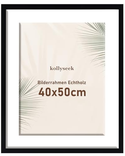 kollyseek Bilderrahmen 40x50cm Echtholz mit Passepartout Holz Rahmen mit Acrylglas Kiefer Fotorahmen schwarz zimmer deko