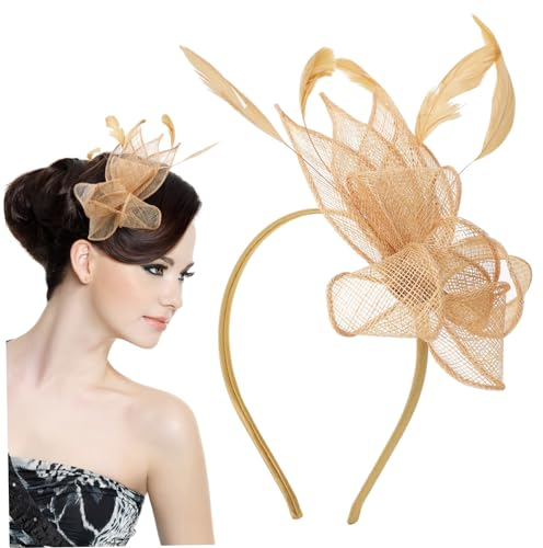 Amosfun Eleganter Fascinator Damen Hut Mit Abnehmbarem Haarreif Und Haarklammer FüR Teeparty, Cocktailparty, Halloween, Weihnachten, Gold