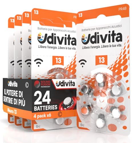 24 Piles Auditives Udivita Taille 13 Type Zinc-Air - 4 Blisters de 6 Piles