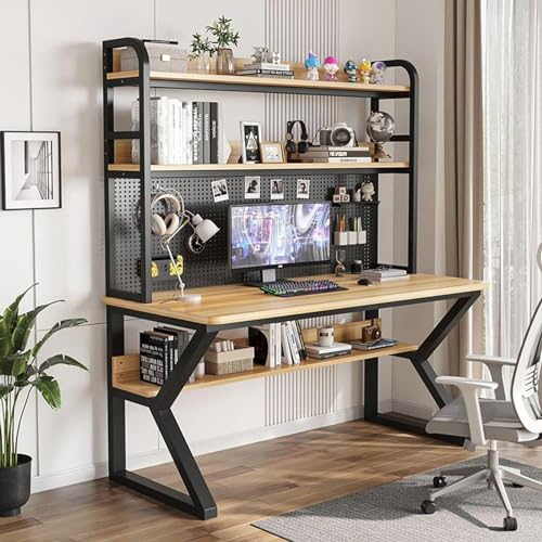 Gaming-Schreibtisch mit Stauraum und Regalen, Stehpult für Arbeit und Studium, mit Faser, Schwarz, 100 x 60 x 170 cm