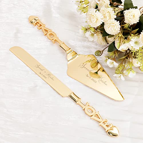 TUKDAK Tortenheber inkl. Tortenmesser im Set mit Gravur, Personalisiert Tortenheber und Servier Set, Gold Tortenmesser Hochzeit, Hochzeitsgeschenke für Brautpaare, Geburtstag, Jahrestag (Liebe)