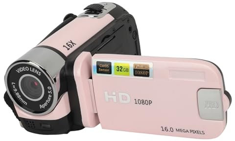 MENDUNER Point and Shoot Camera, Vintage Kamera, Videokamera, 1080P 16MP Digitalkamera 2,4 Zoll Drehbarer Bildschirm Camcorder 16X Zoom HD Videorecorder mit Fülllicht (Rosa)