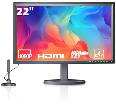 Desobry 22 Inch 1080P Small TV with DVB-T2 and Antenna, MINI TV Support HDMI USB AV Inputs, 12V TV for Kitchen, Home, and Motorhomes, Used as Computer or Monitor Screen