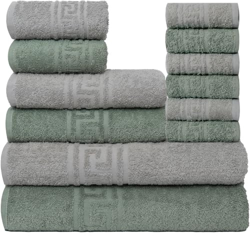 nice homeit Handtuch-Set, 6-teilig, 100% Baumwolle, weich und sehr saugfähig, Handtuch-Set für Badezimmer, Gesicht und Bidet in verschiedenen Größen, hergestellt in Italien, Grün Grau