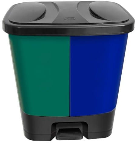 JMS we create smile - Plastic Twin Bin Dual Compartment 37L Litres Waste Bin with Foot Pedal (2x 18.5L) - Rubbish Trash CAN for Dry & Wet Waste for Kitchen, Office (Green & Blue)