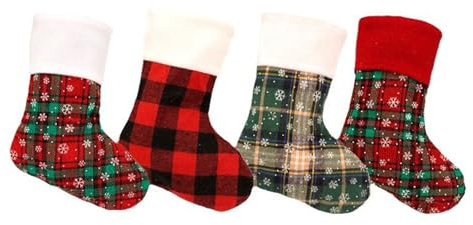 jackfru Weihnachtsstrumpf, Nikolausstrumpf 4er Set Plaid Weihnachtsstrumpf Weihnachtsschmuck zum Befüllen und Aufhängen, Schneeflocke Strümpf für Weihnachten Deko