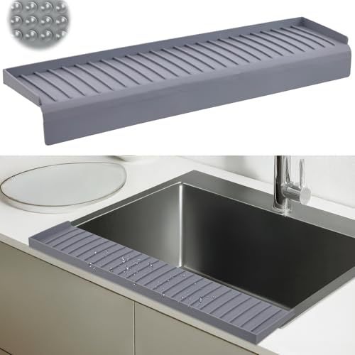 AyNirser Sink Edge Protector with Suction Cup 14 20 24 30, Silicone Sink Splash Guard for Kitchen & Bathroom, Protect Countertop from Scratches, Stains, for Stainless Steel Granite Quartz-Grey