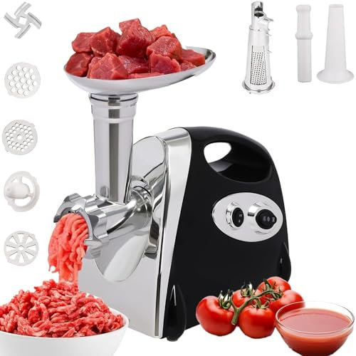 Tritacarne Elettrico 800 W, Macchina per Salsa di Pomodoro Multifunzionale 3 in 1 con 3 Piastre, Tritacarne in Acciaio Inossidabile per Tubi per Insaccare Salsicce, Insaccatrice per Salsicce Black