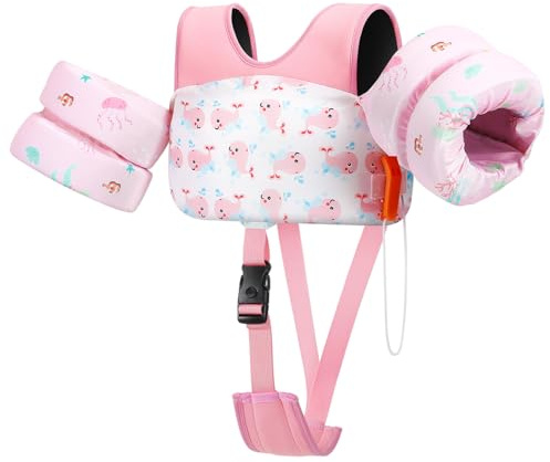 HeySplash Chaleco de Natación para Niños, Traje de Baño Flotante con Correa Ajustable para Pequeños de 6-15kg Aprender a Nadar, Flotador de Brazo de Piscina con Silbato, Ballena Rosa