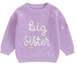 Baby flicka söta tröjor syster brev blomma broderi långärmad rund hals stickade kläder höst vinter pullover toppar, A-lila, 4 År
