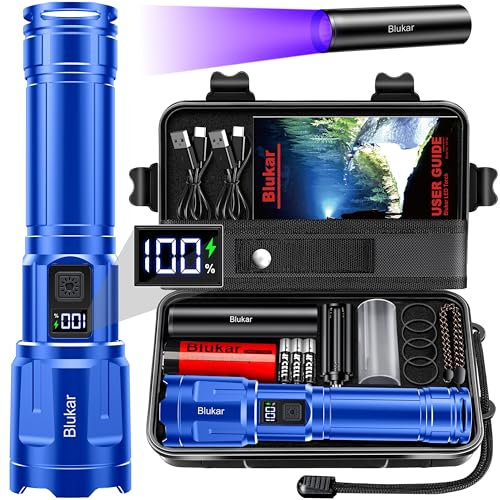 Blukar Lampe Torche LED Ultra Puissante, Lampe de Poche Rechargeable avec 3 Couleurs & 4 Modes D'éclairage, Batterie 5000mAh, Torche Zoomable IP67 Étanche pour Camping/Randonnée/Urgence,Bleu