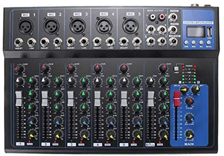 Mesas de mezclas de estudio, mezclador de DJ, mezclador de audio portátil Bluetooth de 7 canales con USB, consola de mezcla de sonido para DJ, conector MP3, karaoke, amplificador de 48 V, karaoke, K