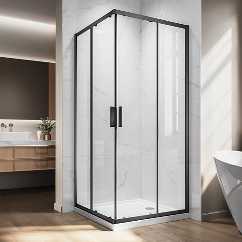 Corner Shower Enclosure 34 L X 34 W X 76 H. Double Corner Sliding Shower Door With 1/4 In Nano-Coated Tempered Glass, Shower Glass Doors In Matter Black