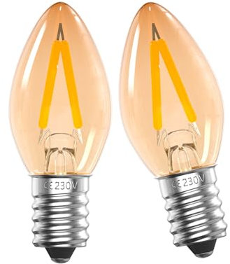 DoRight E14 Bombilla de luz Nocturna LED 1W, C7 Retro Ámbar Súper Cálido Blanco 2200K, SES Pequeña Bombilla de Vela Espiral Edison, Lámpara de Sal para Lámparas de Dormitorio, Pack de 2