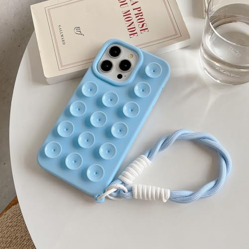 Yhsvie Custodia per iPhone 15 Con Cinturino,Design Ventosa Custodia,Sottile Morbida Silicone TPU Bumper Case Resistente Agli Urti Antigraffio Cover-Blu