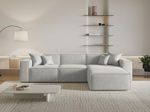 GRAINGOLD Arizona Ecksofa 265x180 cm, L-Form Sofa, Ecksofa für Wohnzimmer, Velour, 3-Sitzer Eckcouch, Modernes Design (Hellgrau, Rechts)