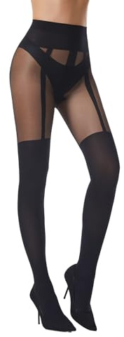 Viyongan Faux Thigh High Pantyhose for Women Goth Mock Patterened Over The Knee Tights Womens Sexy Black Stockings 1 Pairs(Black Suspenders)
