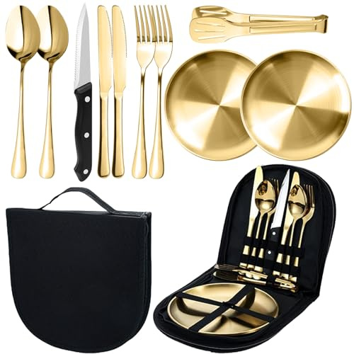 MORAINJAY Gold Camping Cutlery Set for 2 Person,10P Portable Tableware Set for Hiking,Food-Grade Stainless Steel Picnic Utensils Set with Spoons Forks Knife Clip Plate,Case with Zipper