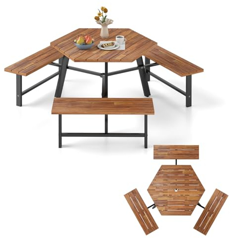 KOMFOTTEU Set di mobili per 6 persone, set da picnic in legno di acacia con foro per ombrellone, set da tavolo e 3 panche per giardino, terrazza, 191 x 165 x 70 cm
