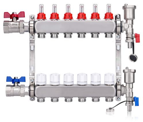 6 Heizkreise Heizkreisverteiler Fußbodenheizung Verteiler mit 1 Kugelhähne | Anschlüsse für Eurokonus 3/4 | 30 x 1,5 mm, mit Manueller Entlüfter & Flussmesser Durchflussmesser Edelstahl HKV Verteiler