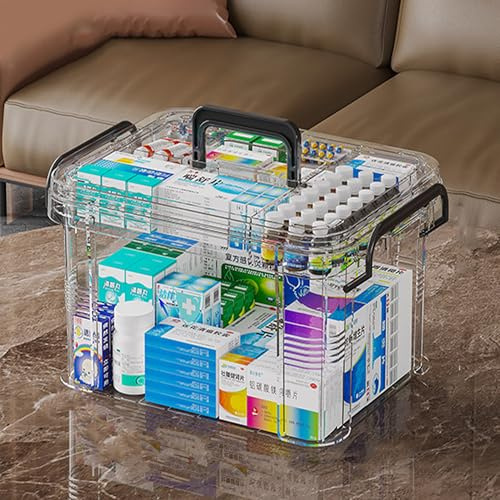 Medicine Storage Box, Medicine Container Box, First Aid Box Household Medicine Container For Medicine Storage, 2-Layer Multi Grid Medicine Box, Portable with Lid Medication Storage Box (Transparent-L)