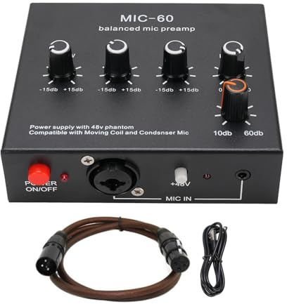 Glomora Microphone Glomora Préampli micro Gain Booster 48V Alimentation Mic Pré-ampli pour le condenseur dynamique XLR 3,5 mm 6,35 mm Entrées sorties (With XLR Cable)