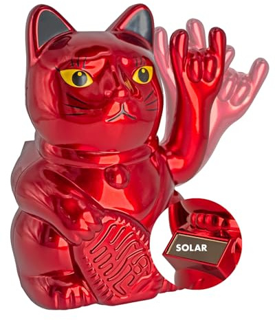 ANGRY CAT Mini Winkekatze Lucky CAT - SOLAR betriebe lustige winkende Rock-Katze mit Heavy-Metal-Zeichen - Dekoartikel Wackelfigur mit Winke-Arm - 10cm, rot metallic