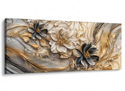 Lupia - Quadro moderno Canvas World FLOWERS FLUID MARBLE 52x122 cm, Stampa su Tela effetto Pennellate tridimensionale, Telaio in Legno, per soggiorno capezzale camera da letto, ufficio