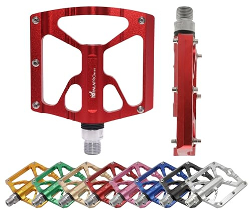 IMPALAPRO Pedales Bicicleta Aluminio CNC Ultraligeros 320 g – Pedales Plataforma Media 97×92 mm con Eje CR-Mo Sellado y 10 Pins INOX Extraíbles Antideslizantes (Rojo)