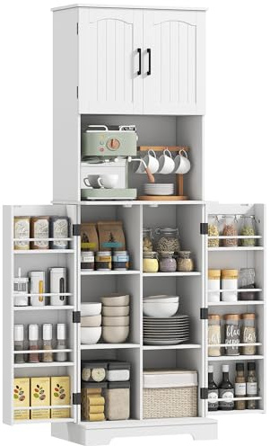 HOMCOM Buffet haut cuisine, armoire de cuisine avec 4 portes, vaisselier, 8 porte-épices, étagères ajustables, meuble de rangement pour salon salle à manger, plan de travail, 60 x 40 x 181,5 cm, blanc