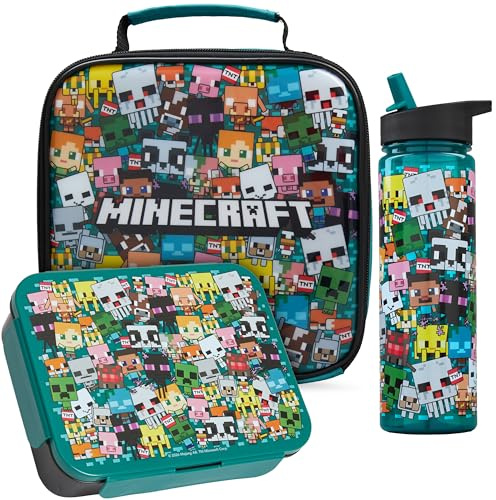 Get Trend Minecraft Bolsa Térmica 3L, Set Niños, 3 Piezas, Botella Agua 600 ml y Caja Bento Fiambrera con Compartimentos, Libre de BPA, Colegio y Guardería (Multi Minecraft)
