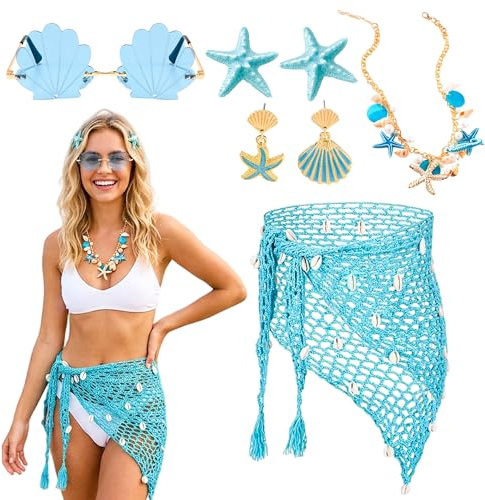 7 Stück Meerjungfrau Kostüm für Damen, Sirenen Kostüm Meerjungfrau Zubehör mit Blau Häkelrock Muschel Kette Seestern Haarspange Seestern Bauchkette Brille für Faschingskostüme Karneval Strandparty