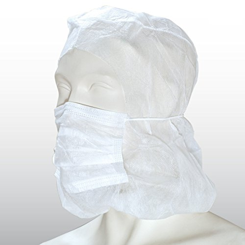 BICAP Astro Haube mit 2-lagigem Mundschutz 50 Stk, Haarnetz aus PP-Vlies mit angenähter Maske in weiß, Kopfhaube mit Gummizug und Face Mask, Krankenschwester & Pflege Zubehör, Kopfschutz Küche