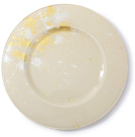 Syosaku Japanese Urushi Glass Charger Plate-L Φ13.9-inch Light Beige with Gold Leaf, Dishwasher Safe