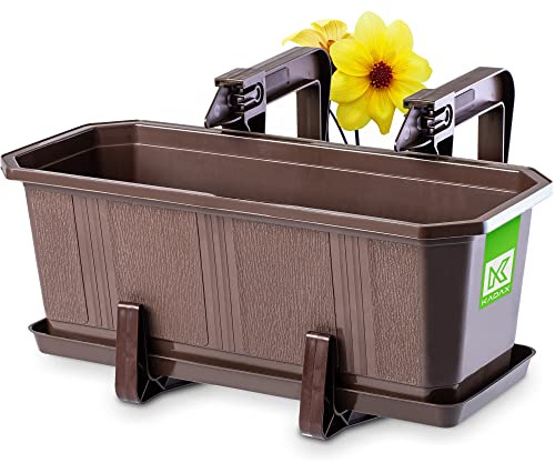 KADAX Jardinera Elegante con Plato y Soporte Robusto para Barandilla de Balcón, Maceta Rectangular de Plástico, Macetero Colgante (Marrón, 40 cm)