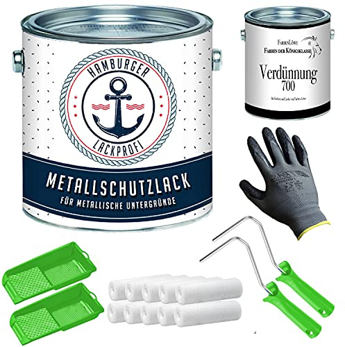 Barniz de protección para metal brillante gris RAL 7038 gris metalizado, color metal, pintura protectora con juego de pintura (X300) y dilución (1 L) // Barniz profesional de Hamburgo (1 L)
