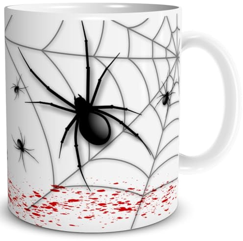 TRIOSK Tasse Spinne gruselig lustig Schwarze Spinnen Horror Geschenk Gruseltasse Spinnennetz Blut Spaßtasse für Männer Jungs Spinnenliebhaber, Keramik 300ml