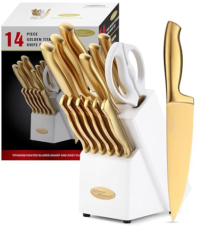 YEBABFIT Marco Almond MA21 Golden Knife Sets, Titanium Coated 14 Pieces Stainless Steel Hollow Handle Gold Kitchen Knives Set with White Wash Finish Wood Block