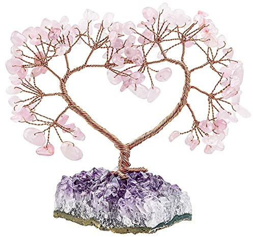 KYEYGWO Herz Kristallbaum Figuren Drusestück Base, Rosenquarz | Reiki Edelsteinbaum Bonsai Natürlichen Rohstück Basis Heilung Ornament für Hochzeit Glück Gesundheit Reichtum FengShui Deko