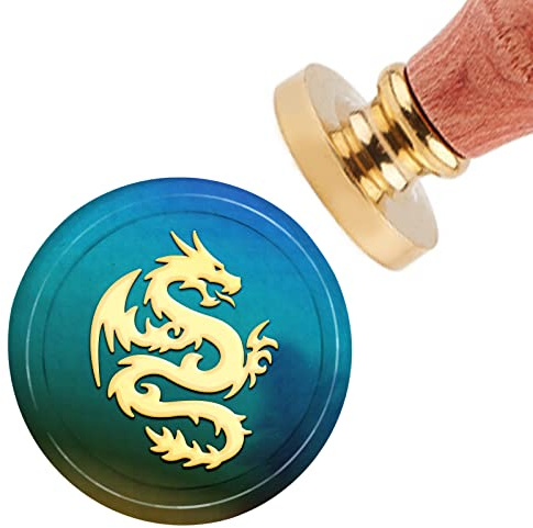 craspire Wachssiegelstempel Drache, 30mm Siegelstempelkopf Golden Mit Abnehmbarem Holzgriff Für Hochzeits-Geburtstags-Einladungen Karten Flasche Geschenk Geschäft Danke Weihnachten