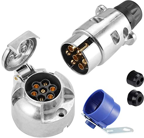 SPARKMOTO Fiche pour remorque 7 Broches et Prise de remorque 7 Broches en métal,12V Connecteur de remorque à 7 broches Male Femelle,Prise Attelage 7Broches Étanche,avec Support de fiche bleu(SKM0702B)