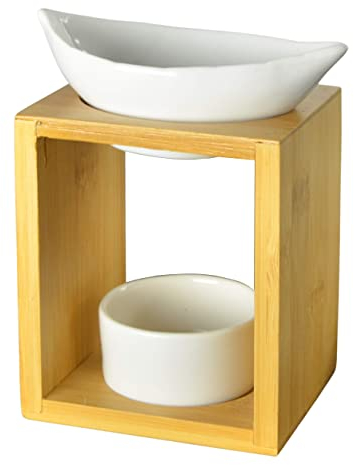 Brûle Parfum Feuillage - Brûleur Fondant Cire Parfumée – Diffuseur Huile Essentielle et Parfum Maison – Bougeoir Aromathérapie Porte Bougie en Bois et Céramique Décoratif - Hauteur: 13 cm - Zen’Arôme